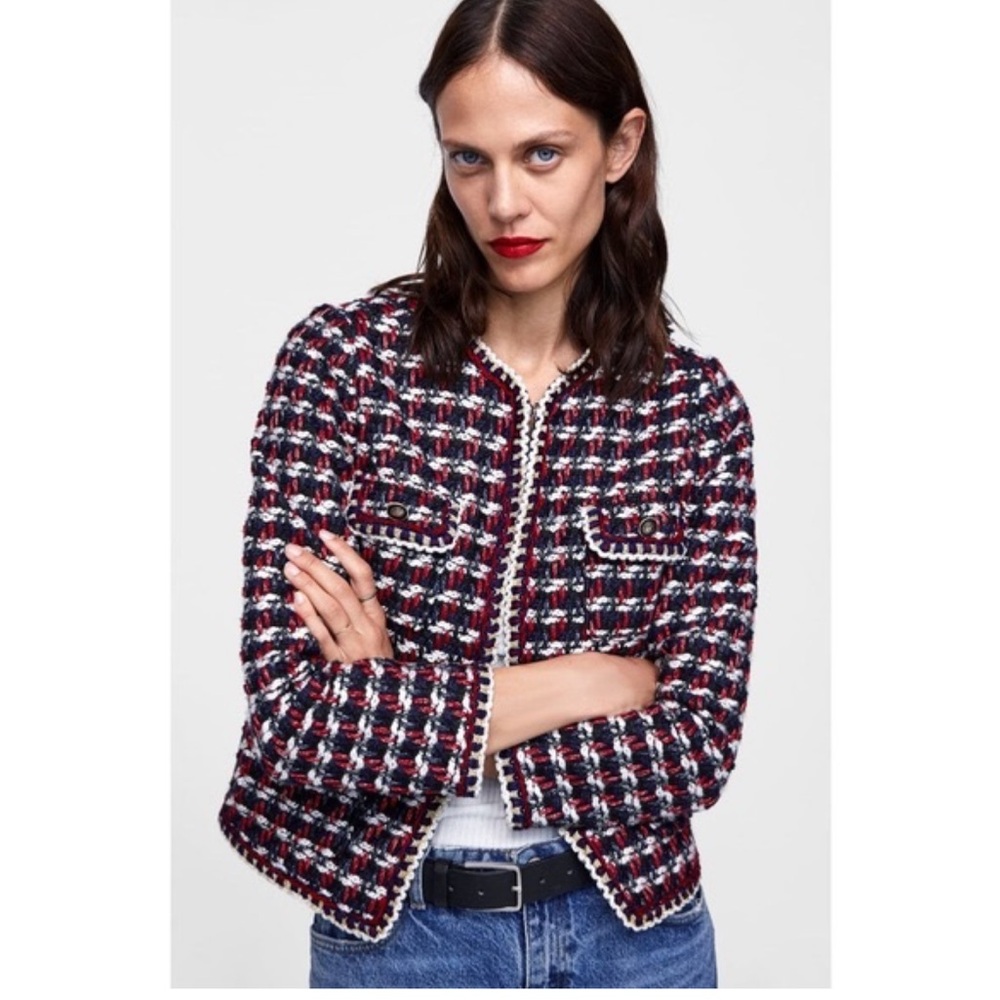 Zara Tweed Cropped Blazer in Navy, Red & White